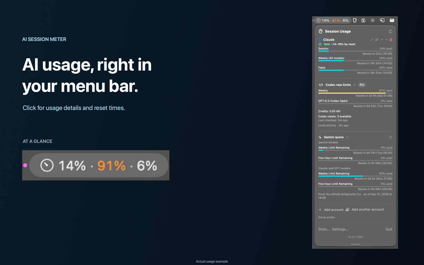 AI Session Meter Mac menu bar popover showing Claude, Codex and Gemini usage