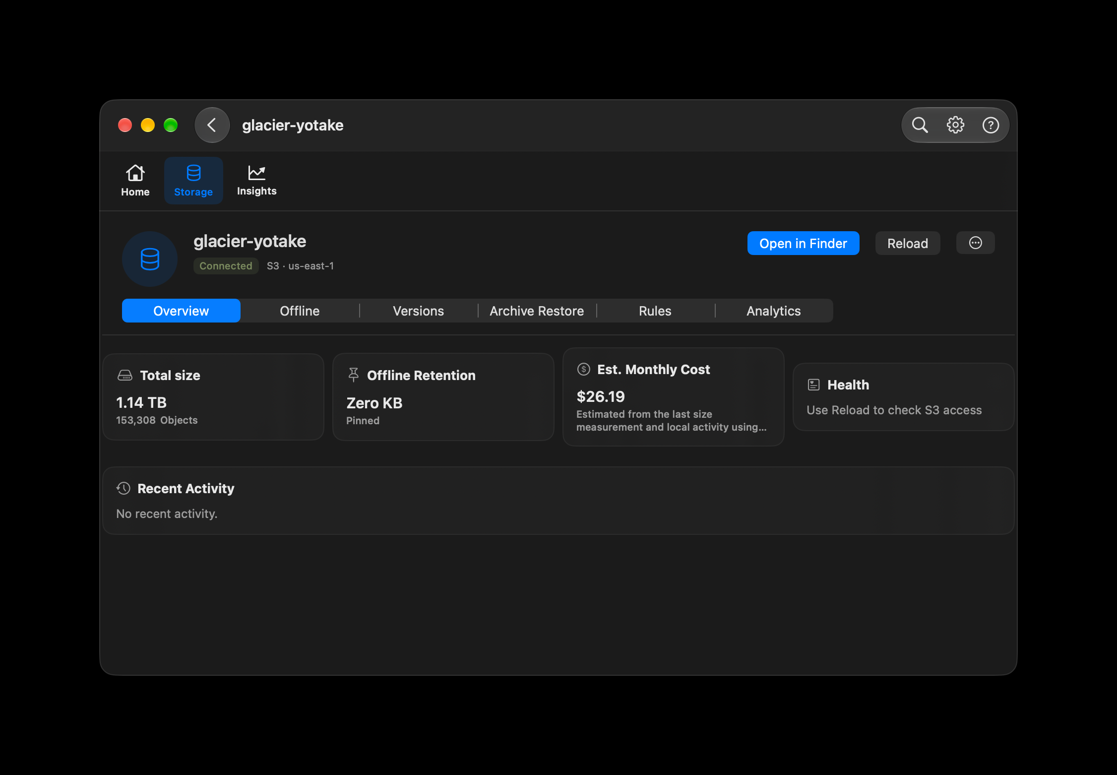 CloudDisk Mac Overview showing 1.14 TB and 153,308 objects