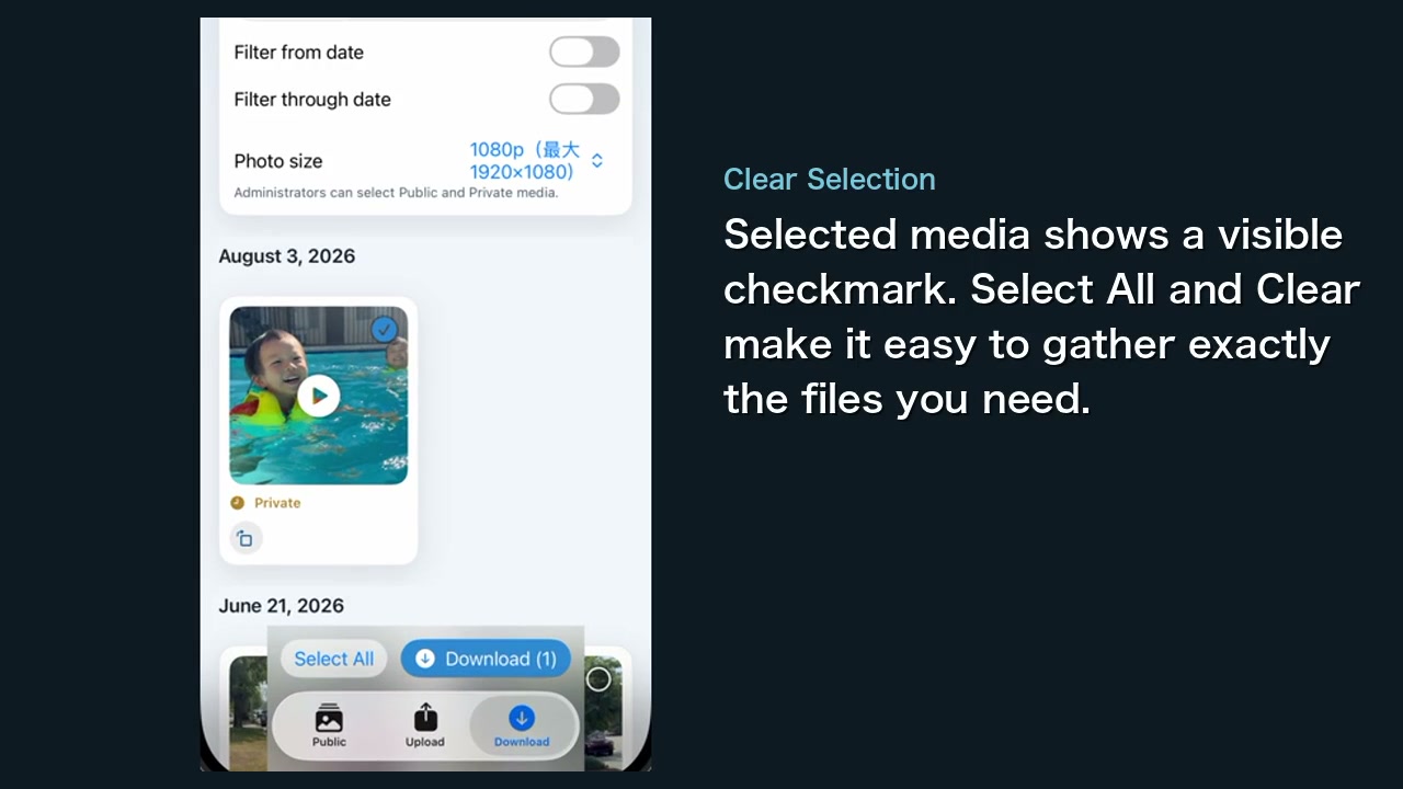Church Photos and Videos screen with a selected Private video and download controls