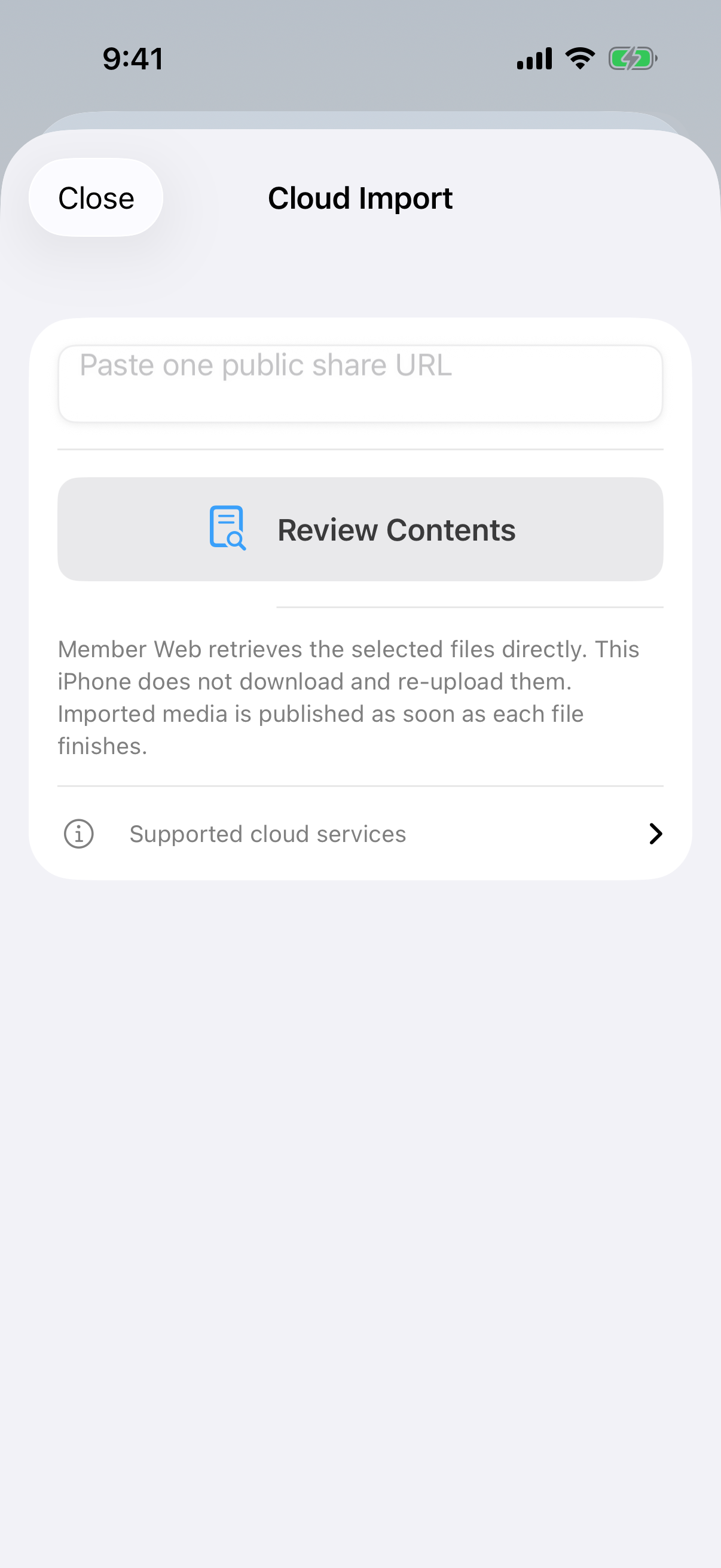 Cloud Import screen with a public-share URL field and Review Contents button