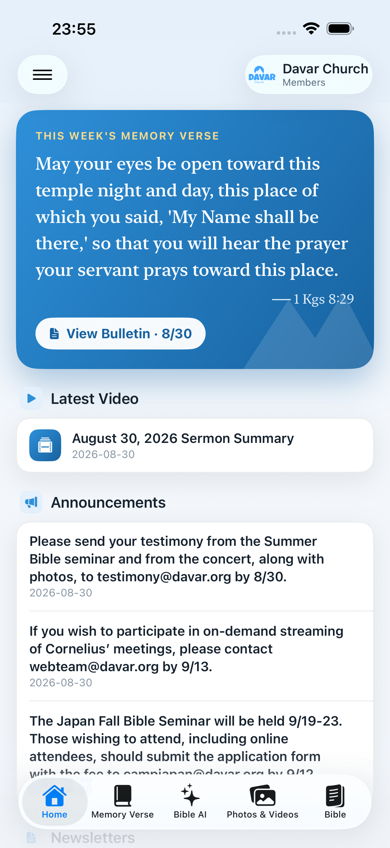 Current iPhone Home screen with the five-tab bar and Bible tab