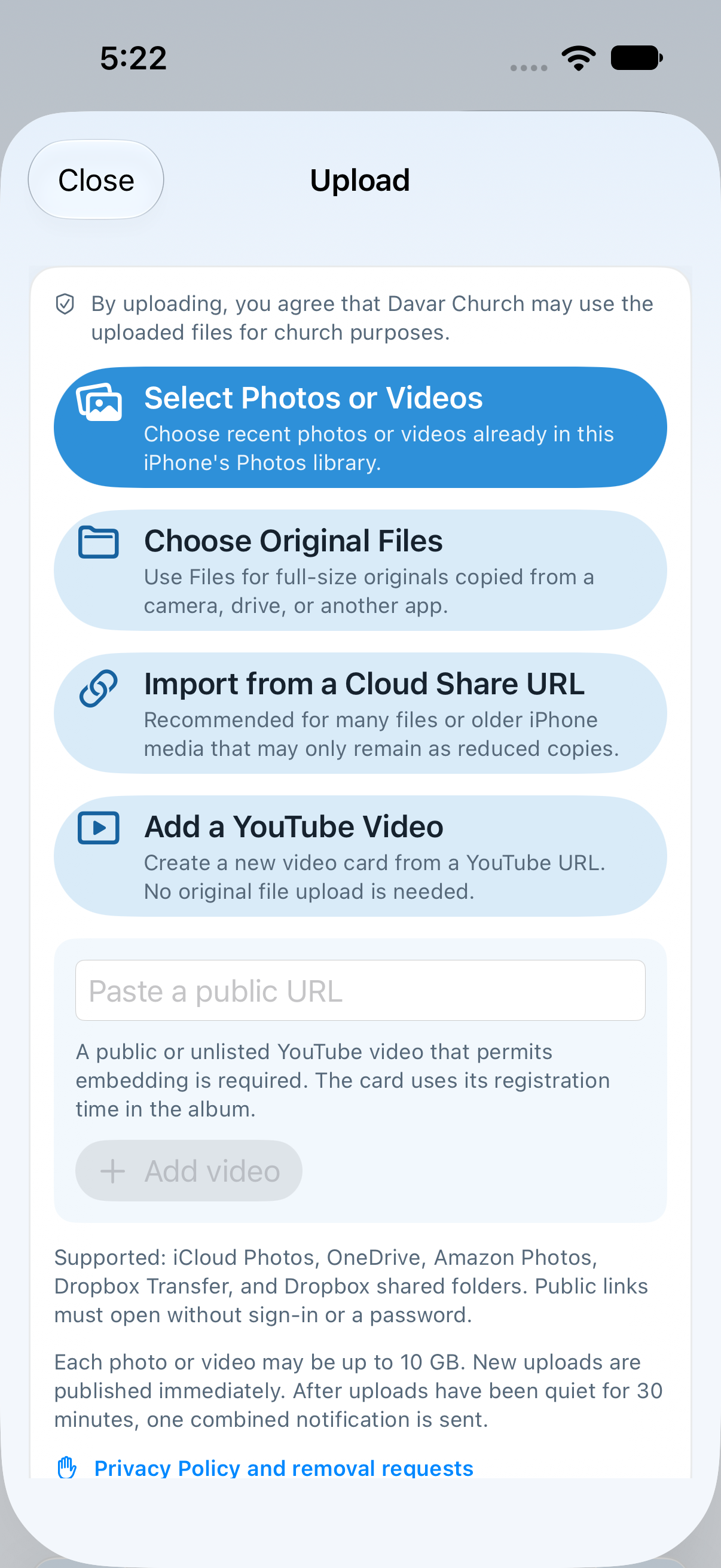 Four upload sources and Paste a public URL field