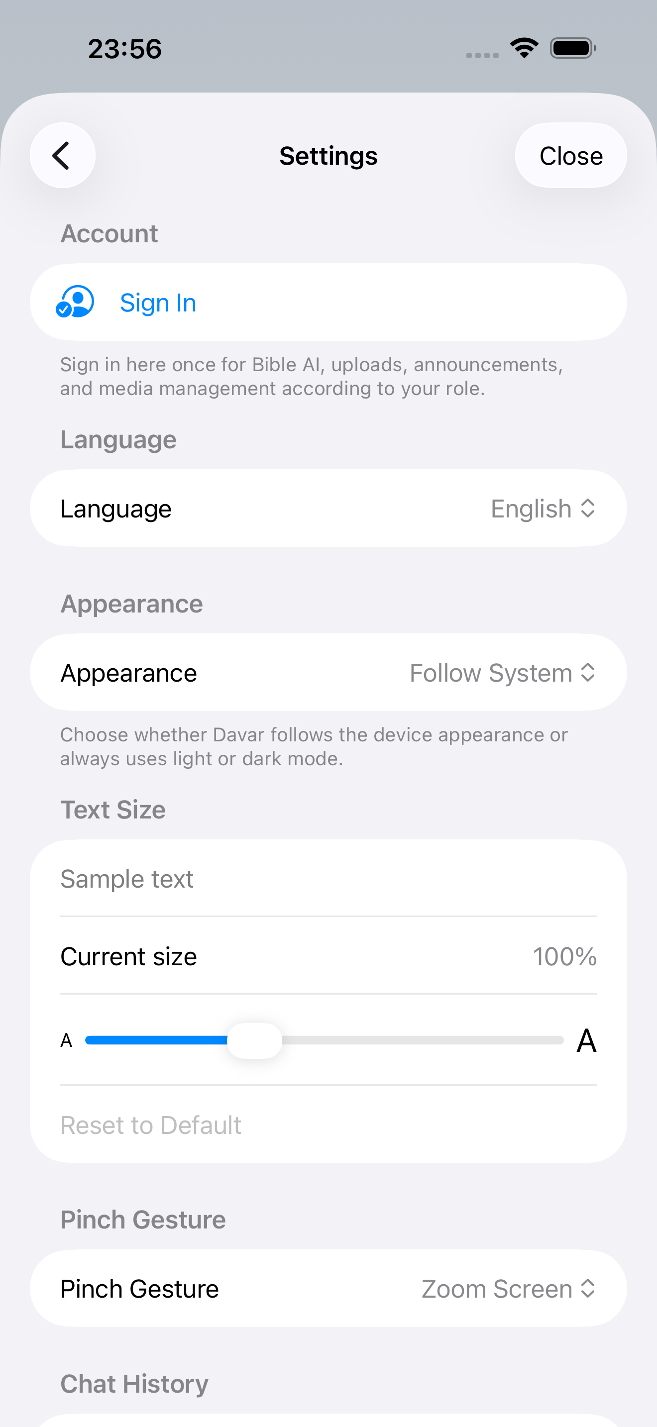 Current iPhone Settings screen with Account, Language, Appearance, Text Size, and Pinch Gesture