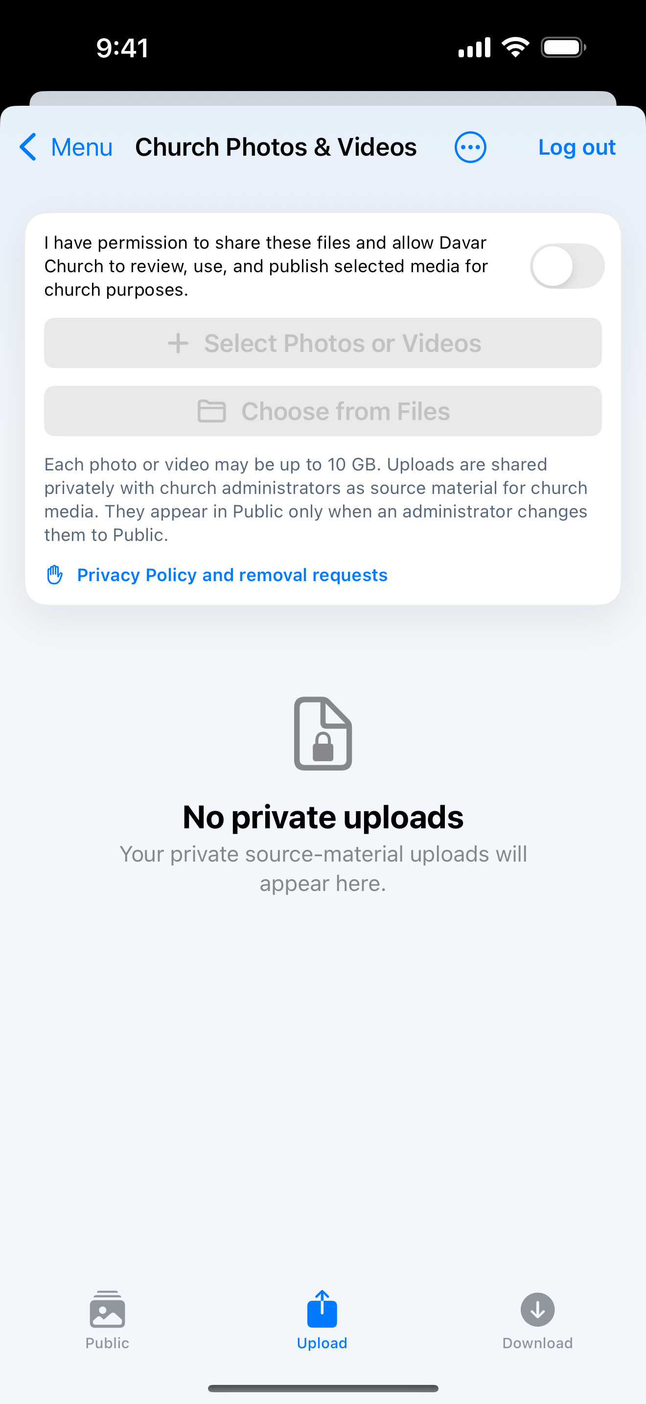 Church Photos and Videos upload screen