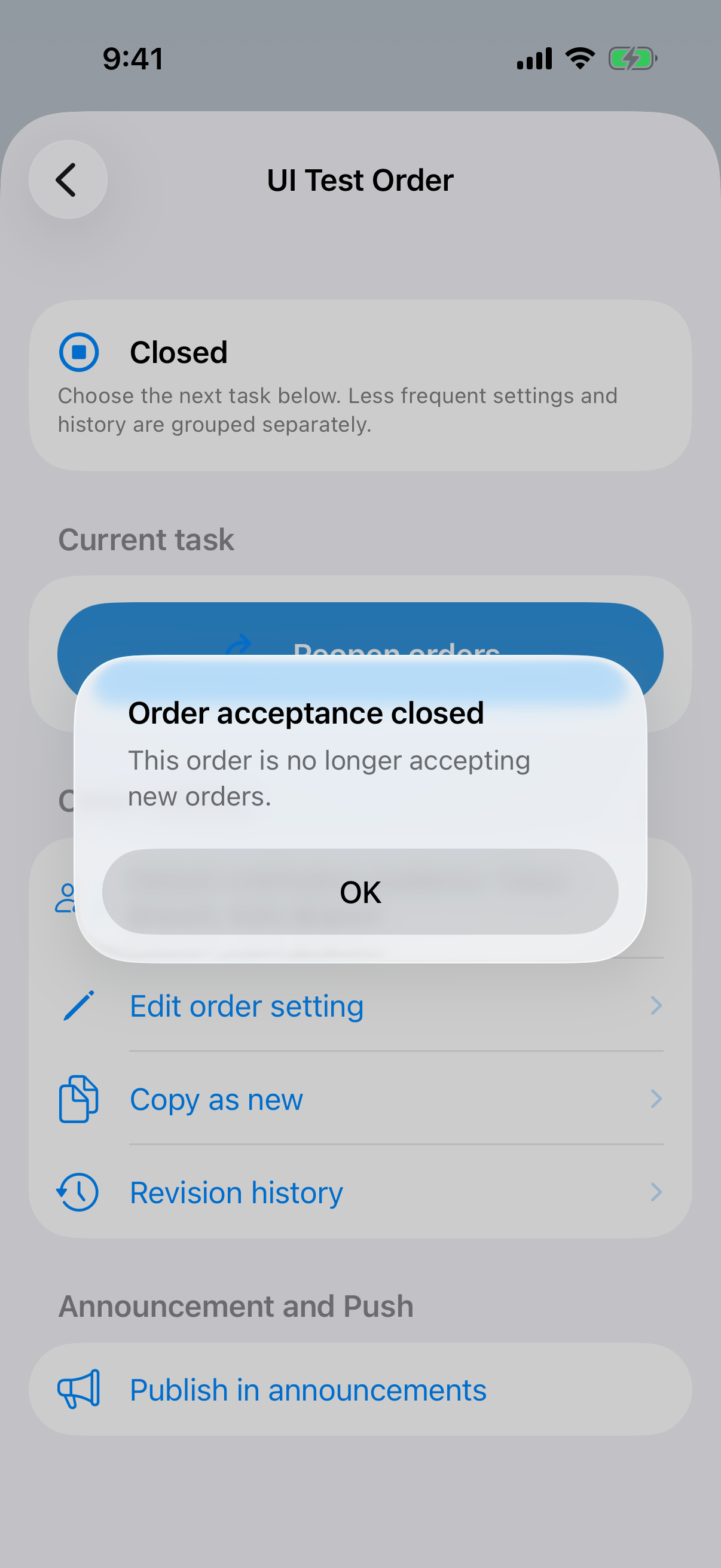 Confirm that order acceptance has closed