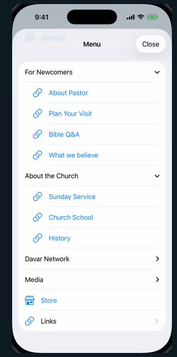 Davar Church App menu in English